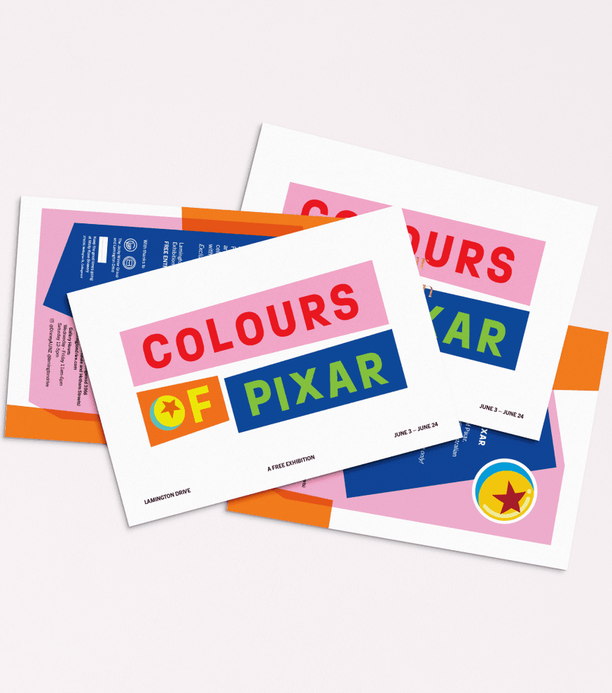 render of pixar exhibition on postcards