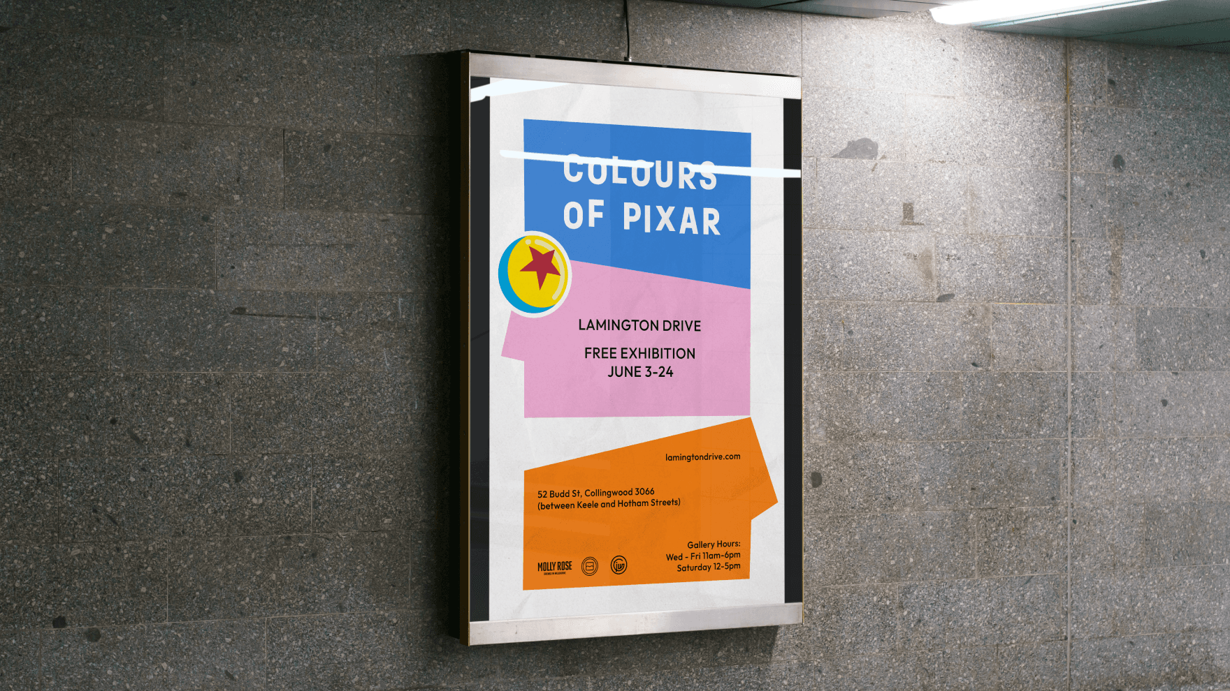 render of pixar exhibition on train station billboard