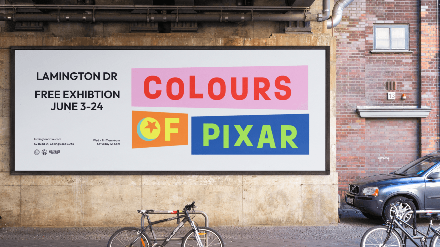 render of pixar exhibition on billboard