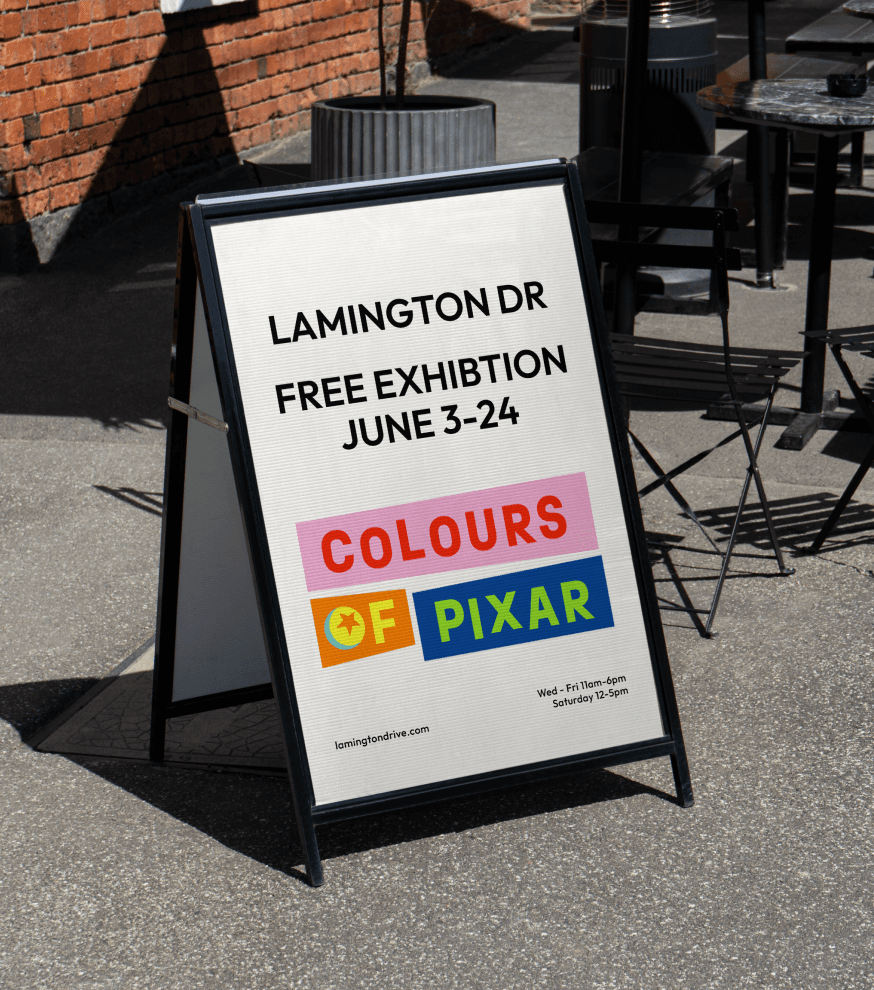 render of pixar exhibition on a frame